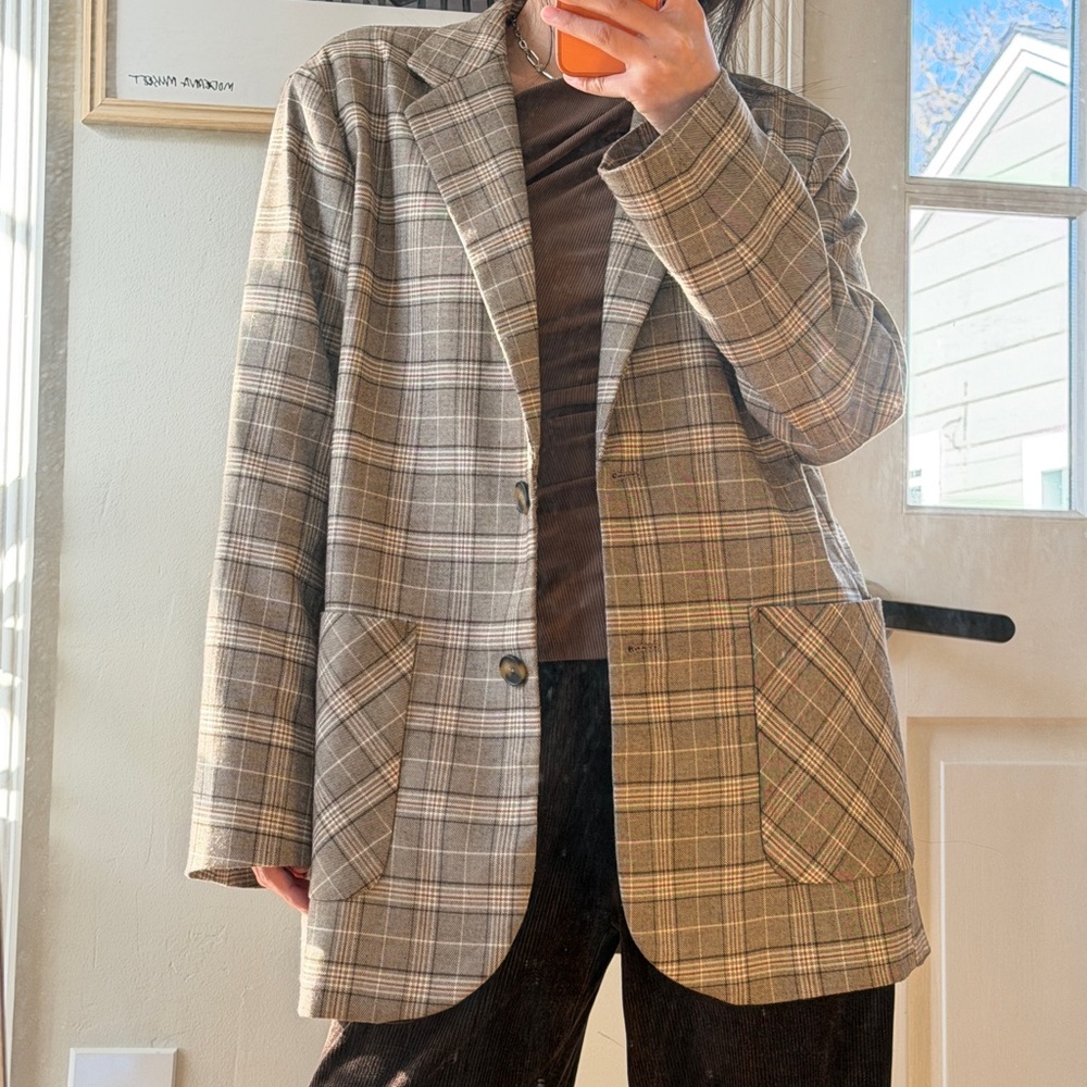 OAK + FORT Plaid Blazer in Brown and Tan